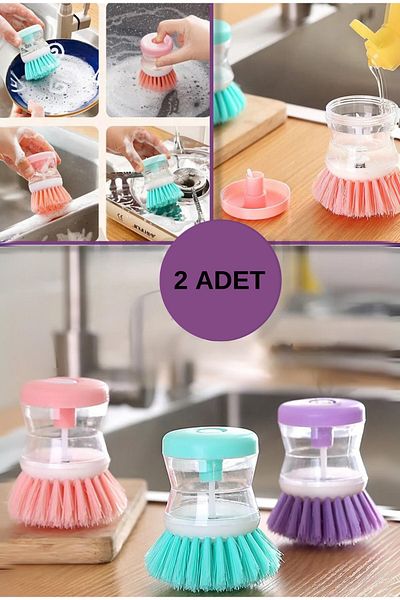 AYGÖREN HOME 2 Practical Liquid Detergent Container Dish Brushes| Kitchen Bathroom Sink Washing Brush with Reservoir