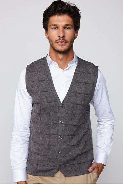Tudors Slim Fit Square Patterned Gray Men's Vest