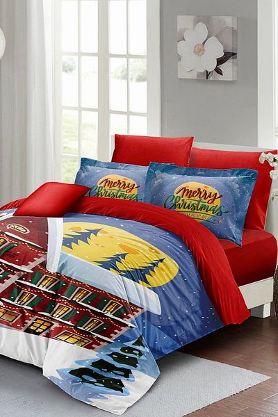 MonoHome Ornament de Anul Nou King Size Red House* Crăciun 100% bumbac satin 3d Set cuvertură de pilota dublă 220x240cm