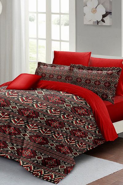 MonoHome Σετ Παπλωματοθήκη King Size Διπλό - 100% Βαμβακερό Σατέν, Κόκκινο Παλιό Σχέδιο, 220x240cm