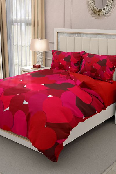 MonoHome 3D Red King Size Duvet Cover Set for Valentine's Day - 100% Cotton Satin 220X240Cm