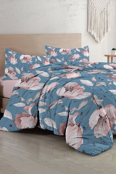 MonoHome Set cuvertură de pilota dublă King Size Blue Rose - Satin Bumbac 3D 220x240cm