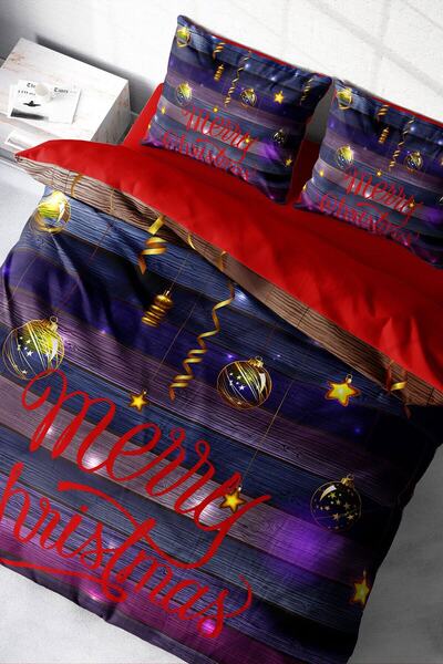 MonoHome New Year's Bedding Set - King Size, 100% Natural Cotton, Christmas Pattern, Double, Dark 220X240Cm