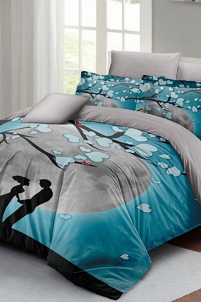 MonoHome Set cuvertură de pilota dublă pentru Ziua Îndrăgostiților King Size 100% bumbac satin Blue Dream 220x240cm