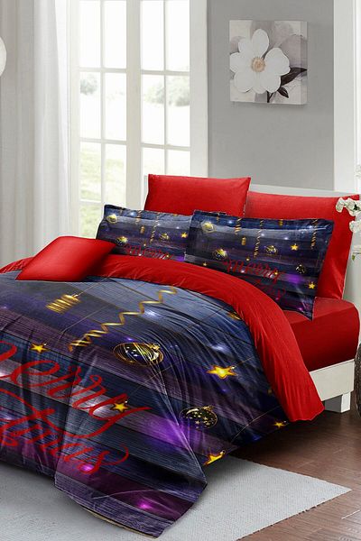 MonoHome Set cuvertură de pilota de Anul Nou - King Size, 100% bumbac natural, model de Crăciun, dublu, închis 220x240cm
