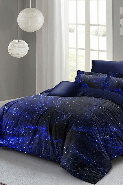 MonoHome Double King Size Duvet Cover Set - Cotton Satin, 3D Special Design, Blue Night 220X240Cm