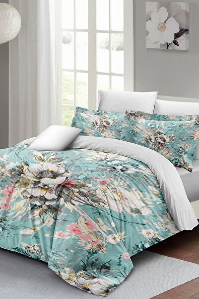 MonoHome Luxury Double Floral Patterned Cotton Satin Duvet Cover Set - King Size 220X240Cm