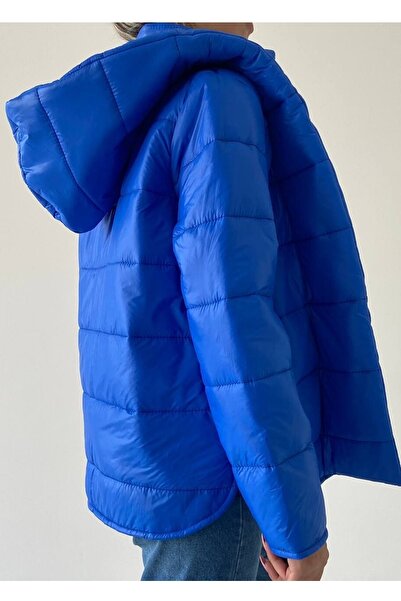 lovebox Women's Hooded Pocket Detailed Blue Puffer Coat 200