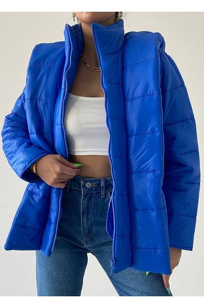 vuvutasarım Saks Blue Hooded Designed Puffer Jacket with Pocket Detail 200
