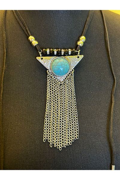 Gönülden Tasarım TURQUOISE STONE LEATHER STRAP CHAIN TASSEL AUTHENTIC NECKLACE NECK 15 CM