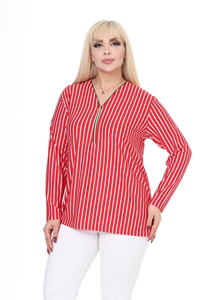garajmood Kırmızı Çizgili Desenli Fermuarlı Büyük Beden Bluz