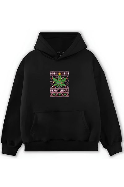 Edizen Πρωτοχρονιάτικο Special Merry Litmas 2024 Oversize Premium 100% βαμβακερό φούτερ με κουκούλα