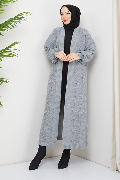 Pamuk Butik Γυναικεία Πλεκτά Ολόσωμη Ζακέτα με σχέδιο Cherry Grey