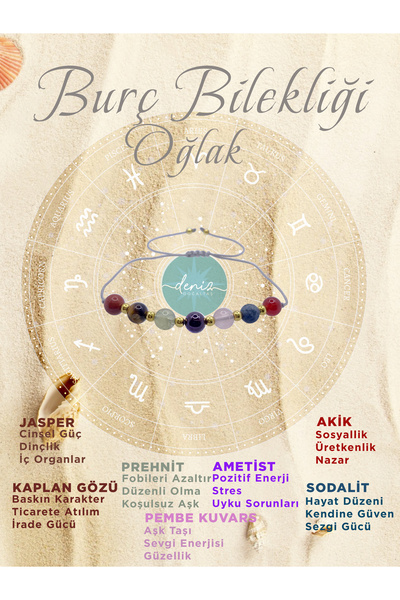 Deniz Doğal Taş Doğal Taş Oğlak Burç Bilekliği Sodalit-Prehnit-Akik-Ametist-Pembe Kuvars-Kaplan Gözü-Jasper