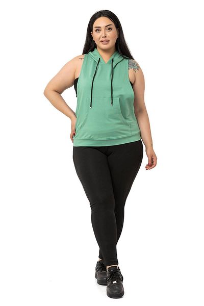 DISENTIS MODEST Large Size Kangaroo Pocket Hooded Wide Sleeve Mint Green T-shirt