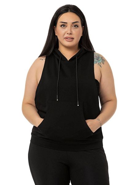 DISENTIS MODEST Large Size Kangaroo Pocket Hooded Wide Sleeve Black T-shirt