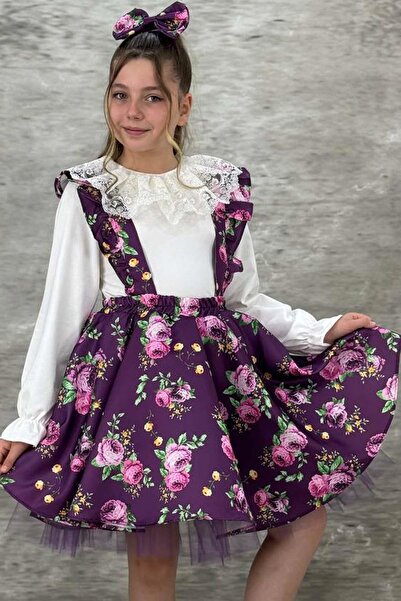 Riccotarz Girl's Guipure Embroidered Blouse and Flowers Printed Purple Salopet Set