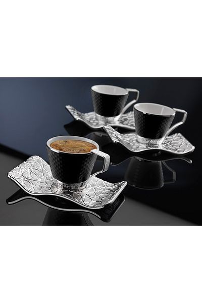 MOS'EV 12 Pieces Black Tea Set for 6 People with Silver Metal Plate