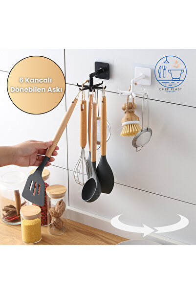 Chefplast Plastic 6 Kancalı Mutfak Banyo Döner Askı Kepçe Havlu Lif Askılığı ...