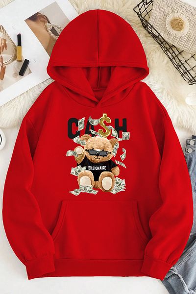 qavnas Unisex 2ip Raised CASH Printed Red Oversize Sweatshirt