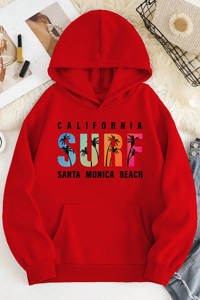 qavnas Унисекс суитшърт от 2 части с повдигнат принт CALIFORNIA SURF, червен, голям размер