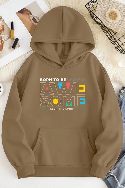 mw memowear Unisex 2ip Raster AWE SOME εμπριμέ μπεζ φούτερ oversize