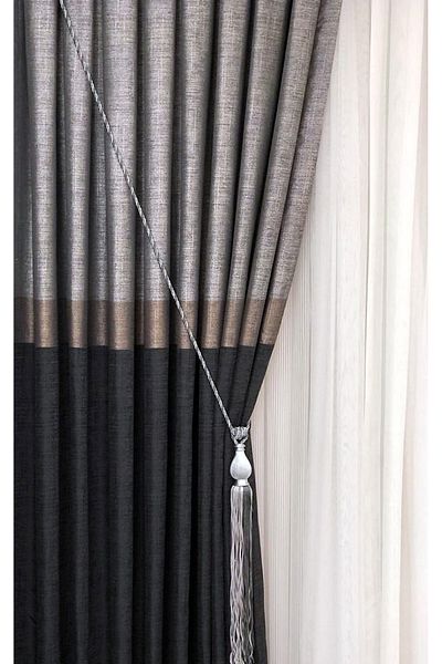 VOİLAGE voilage Board Background Curtain Gray Single Wing Tight Pleated linen horizontal stripes 100 X 260 ykpfpv63