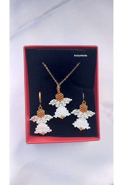 Atolye Ferda Miyuki Knitted Angel Figure Necklace and Earring Set with Steel Apparatus