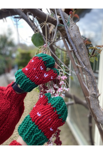 ORGANICMIRA Yılbaşı Crop Hırka ve Şapka Eldiven Takım Kırmızı Yeni Yıl Ceket Merry Christmas Özel Tasarım Chunky