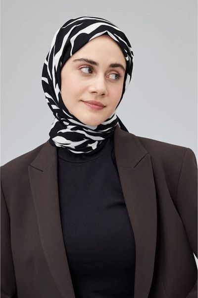 Modakaşmir Şal din mătase Medina din seria alb-negru cu model Zoma