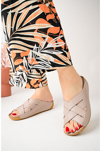 Akgün Terlik Women's Genuine Leather Mink Orthopedic Sole Slippers