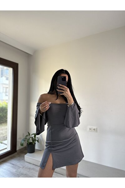 OKSO Balon Kol Detaylı Yırtmaçlı Kare Yaka Kısa Elbise