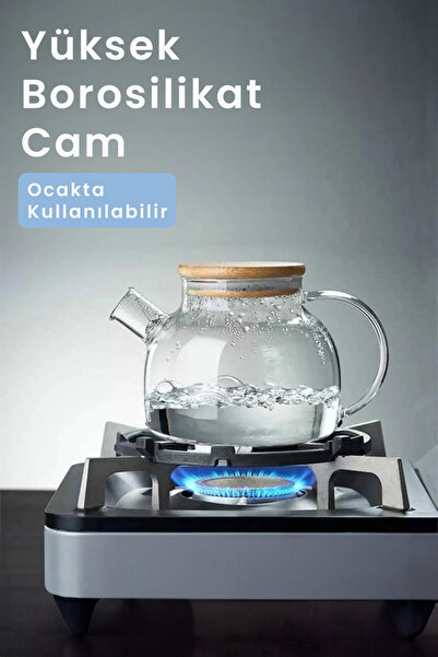 Comprox Cambu Bamboo Elegance, Heat Resistant 900 ml Glass Teapot with Strainer Herbal Teas, Borosilicate, Jug