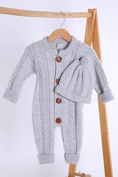 Babyhola 100% Thick Knitwear Girl Boy Baby Kids Winter Beret Jumpsuit Set 5711