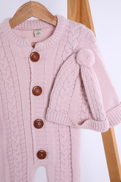 Babyhola 100% Thick Knitwear Girl Boy Baby Kids Winter Beret Jumpsuit Set 5711