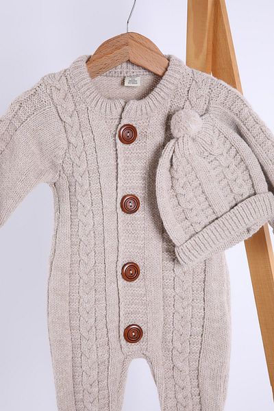 Babyhola 100% Thick Knitwear Girl Boy Baby Kids Winter Beret Jumpsuit Set 5711
