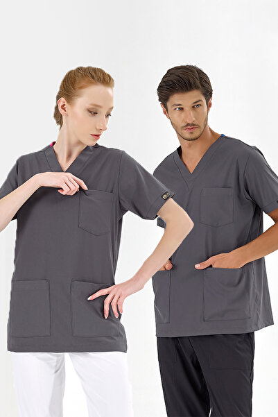 ÇİZGİ MEDİKAL Füme Likralı Tek Üst Unisex Kalıp Hemşire Forması Doktor Önlüğü...