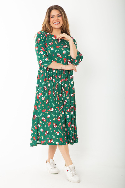 Şans Women's Plus Size Green Christmas Print Gathered Waist Capri Sleeve Dress 65N37427
