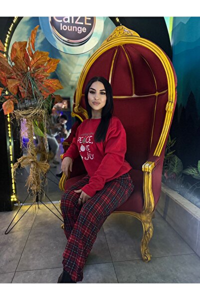 NİCE Red Cotton New Year Themed Tshirt-Pants Knitted Pajama Set