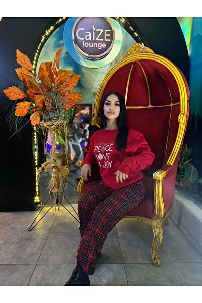 NİCE Red Cotton New Year Themed Tshirt-Pants Knitted Pajama Set