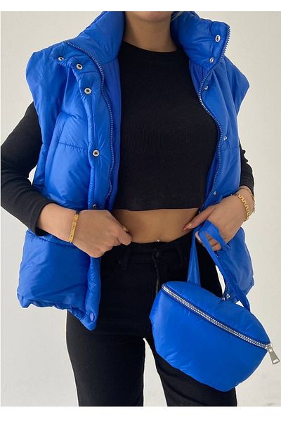 WOMAN VISION Vestă gonflabilă albastră 201 - Detaliu cu buzunar dublu și accesoriu pentru geantă cadou