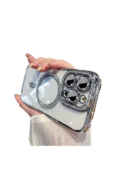 UnDePlus Apple iPhone 14 Pro Max Kılıf Simli Magsafe Kamera Kenar Taşlı Kapak