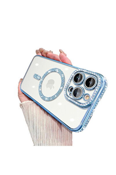 UnDePlus Apple iPhone 15 Pro Kılıf Simli Magsafe Kamera Kenar Taşlı Kapak