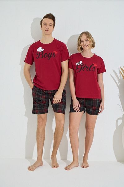 Pijamoni طقم بيجامة منقوشة باللون الأحمر - مع شورت، كم قصير، سلسلة خاصة للعشاق 6620-2