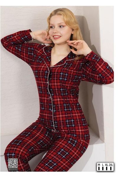 TUGSE Women's Patterned Front Buttoned Suede Long Sleeve Pajama Set