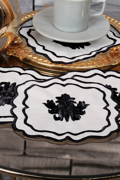 Teksev Liva Black 6 piese Cocktail Cafea Șervețel de prezentare Maras Work Glaze Broderie Brodat Gardenia Bol de prezentare