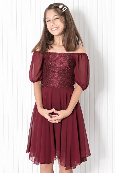 SUBU TASARIM Balloon Sleeve Detailed Chiffon Evening Dress Claret Red Mdv332