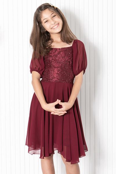 SUBU TASARIM Balloon Sleeve Detailed Chiffon Evening Dress Claret Red Mdv332