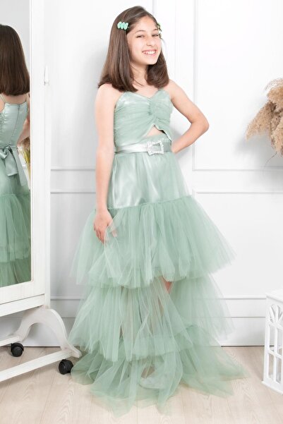 SUBU TASARIM Green Tulle Evening Dress with Stone Detail and Sweep Train, Mdv316