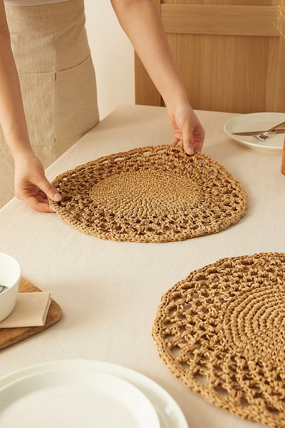Ocean Home Textile 2 Επιτραπέζια Παρουσίαση Πιάτο με Μπεζ Μοτίφ Raffia - Supla American Service 36x36